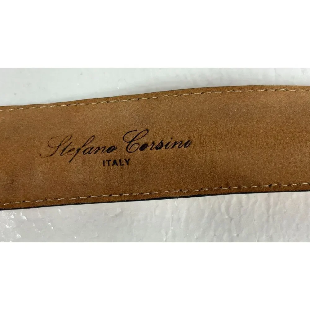 Stefano Corsini Handmade in Italy Leather Belt Brown with Flags in Middle 40